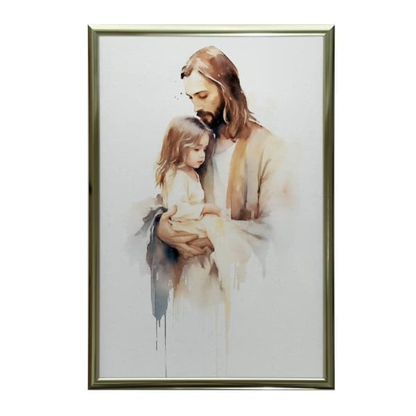 Jesus holder et barn Jesus holder et barn, 30x40 cm, sort aluminiumsramme, 230 gsm mat papir