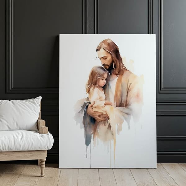 Jesus holder et barn Jesus holder et barn, 50x70 cm, lys egetræsramme, 230 gsm mat papir
