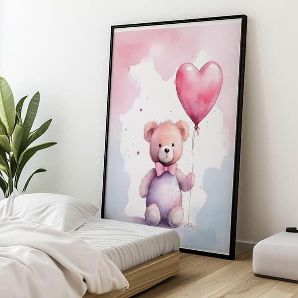 Bamse med hjerteballon Bamse med hjerteballon, 30x40 cm, guld aluminiumsramme, 230 gsm mat papir