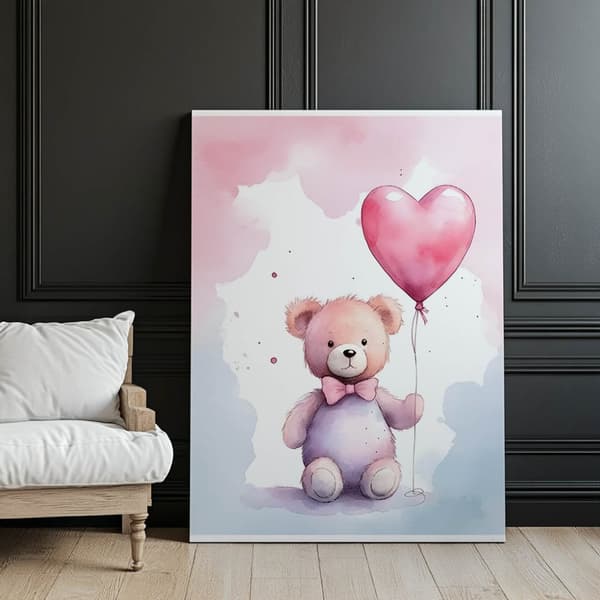 Bamse med hjerteballon Bamse med hjerteballon, 30x40 cm, guld aluminiumsramme, 230 gsm mat papir