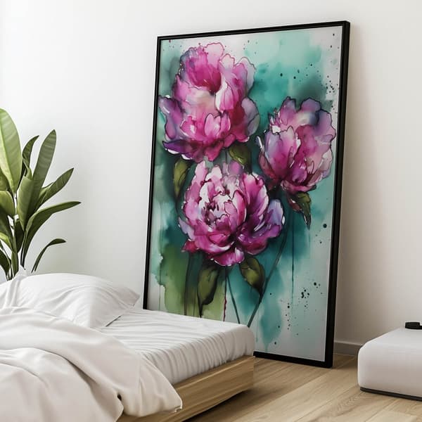Pink pæoner på grøn baggrund Pink pæoner på grøn baggrund, 50x70 cm, uindrammet, 230 gsm mat papir