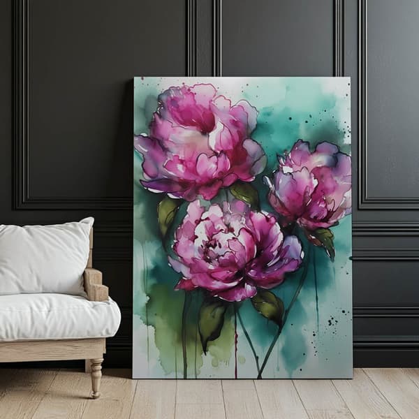 Pink pæoner på grøn baggrund Pink pæoner på grøn baggrund, 50x70 cm, uindrammet, 230 gsm mat papir