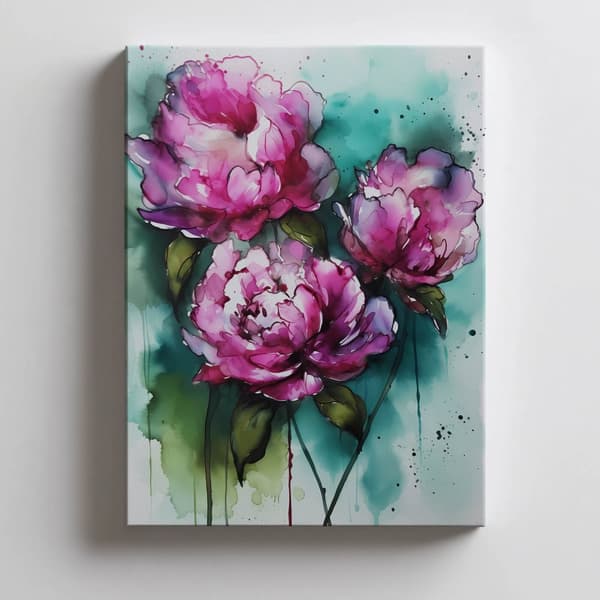 Pink pæoner på grøn baggrund Pink pæoner på grøn baggrund, 50x70 cm, mørkebrun træramme, 230 gsm mat papir