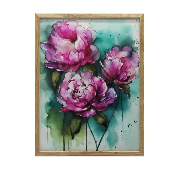 Pink pæoner på grøn baggrund Pink pæoner på grøn baggrund, 70x100 cm, mørkebrun træramme, 230 gsm mat papir