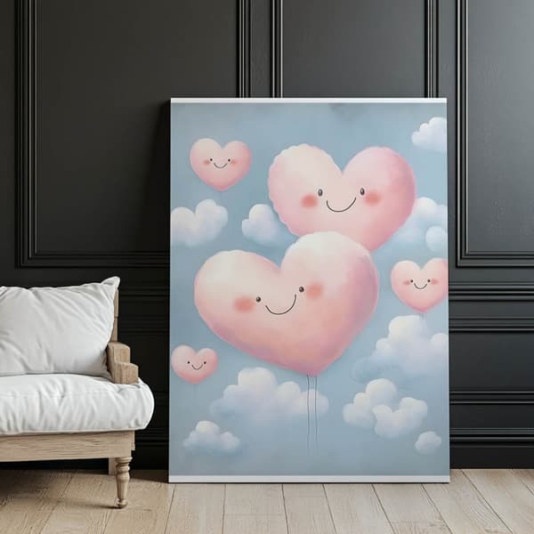 Pink Hearts on Clouds Pink Hearts on Clouds, 70x100 cm, lys egetræsramme, 230 gsm mat papir