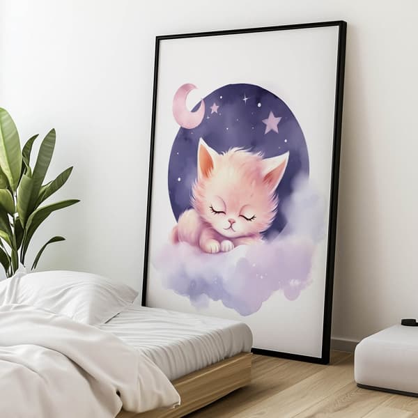 Sleeping Kitty på ett rosa moln Sleeping Kitty på ett rosa moln, 50x70 cm, oinramat, 230 gsm matt papper