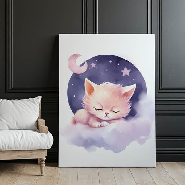 Sleeping Kitty på ett rosa moln Sleeping Kitty på ett rosa moln, 50x70 cm, oinramat, 230 gsm matt papper