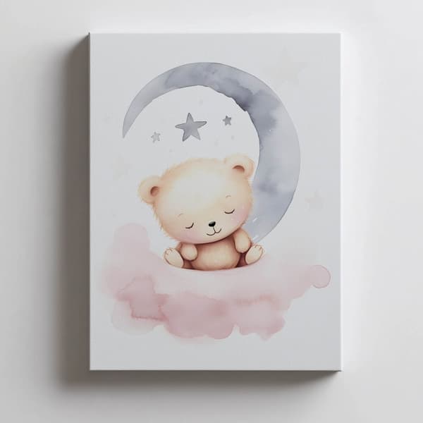 Sovende bamse på en lyserød sky Sovende bamse på en lyserød sky, 70x100 cm, mørkebrun træramme, 230 gsm mat papir