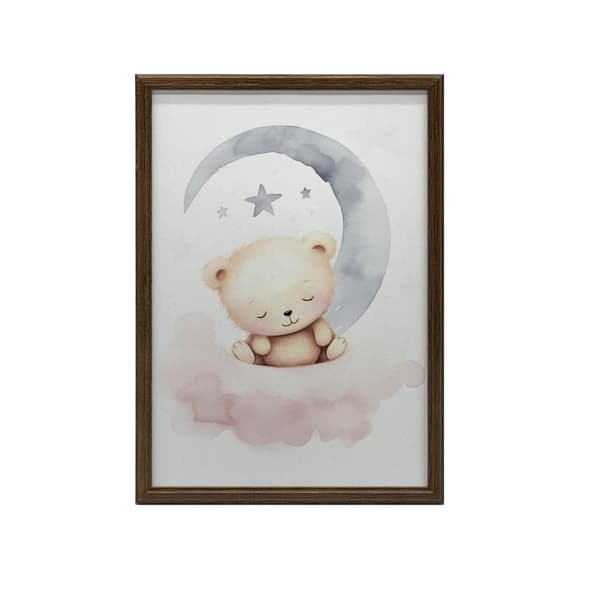 Sovende bamse på en lyserød sky Sovende bamse på en lyserød sky, 70x100 cm, mørkebrun træramme, 230 gsm mat papir