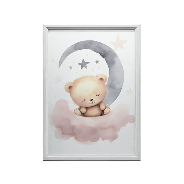 Sovende bamse på en lyserød sky Sovende bamse på en lyserød sky, 70x100 cm, mørkebrun træramme, 230 gsm mat papir