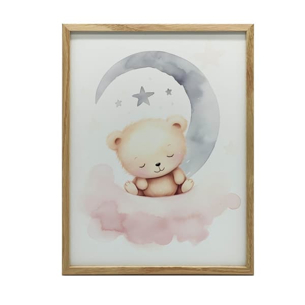 Sovende bamse på en lyserød sky Sovende bamse på en lyserød sky, 70x100 cm, mørkebrun træramme, 230 gsm mat papir