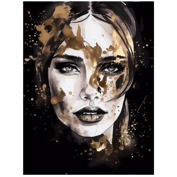 Ansigt af en kvinde i sort og guld Ansigt af en kvinde i sort og guld, 40x50 cm, guld aluminiumsramme, 230 gsm mat papir