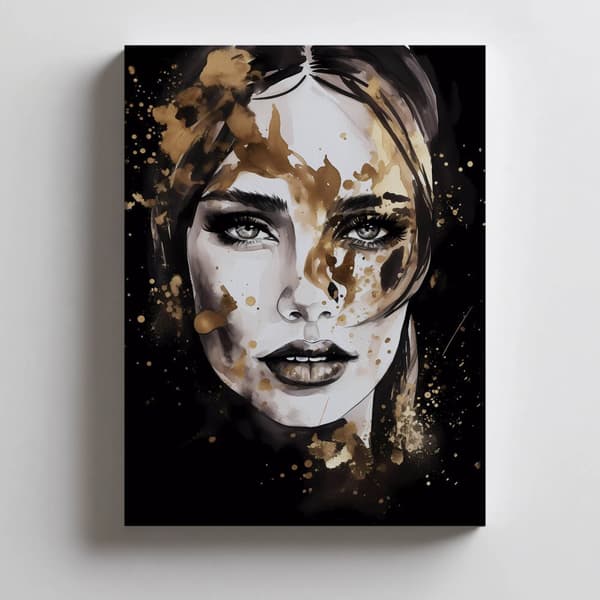 Ansigt af en kvinde i sort og guld Ansigt af en kvinde i sort og guld, 40x50 cm, guld aluminiumsramme, 230 gsm mat papir