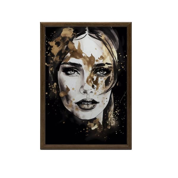 Ansigt af en kvinde i sort og guld Ansigt af en kvinde i sort og guld, 40x50 cm, guld aluminiumsramme, 230 gsm mat papir