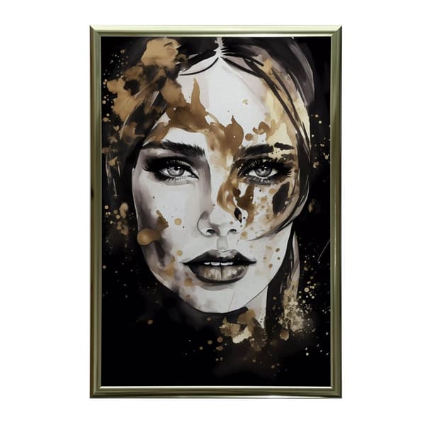 Ansigt af en kvinde i sort og guld Ansigt af en kvinde i sort og guld, 40x50 cm, guld aluminiumsramme, 230 gsm mat papir