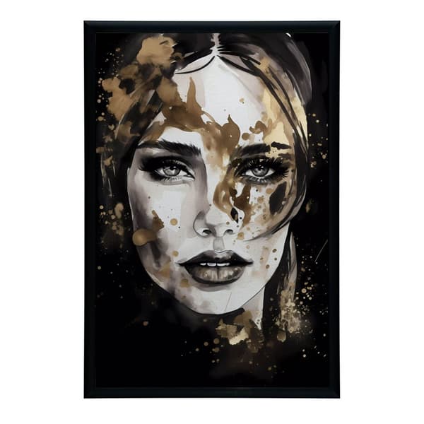 Ansigt af en kvinde i sort og guld Ansigt af en kvinde i sort og guld, 40x50 cm, guld aluminiumsramme, 230 gsm mat papir