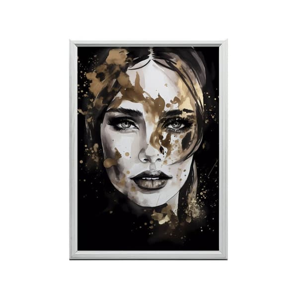Ansigt af en kvinde i sort og guld Ansigt af en kvinde i sort og guld, 40x50 cm, guld aluminiumsramme, 230 gsm mat papir