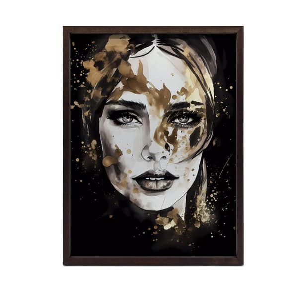 Ansigt af en kvinde i sort og guld Ansigt af en kvinde i sort og guld, 40x50 cm, guld aluminiumsramme, 230 gsm mat papir