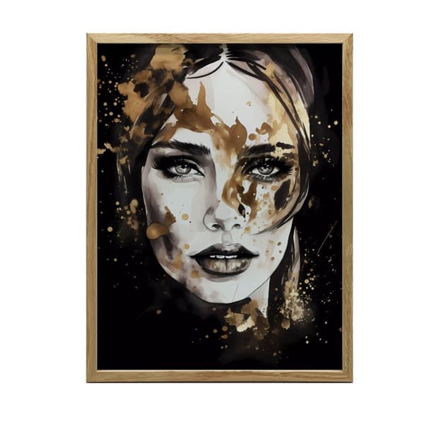 Ansigt af en kvinde i sort og guld Ansigt af en kvinde i sort og guld, 40x50 cm, guld aluminiumsramme, 230 gsm mat papir