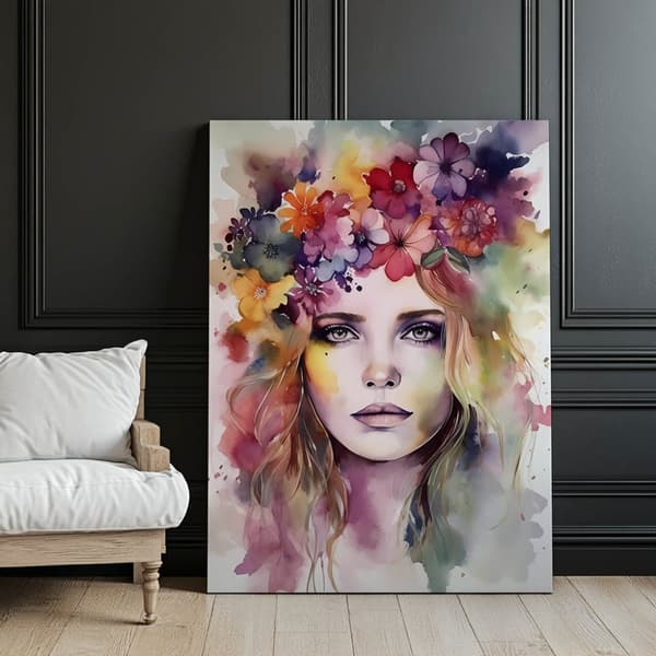 Kvindeansigt med en krans Kvindeansigt med en krans, 70x100 cm, uindrammet, premium lærred på båreramme