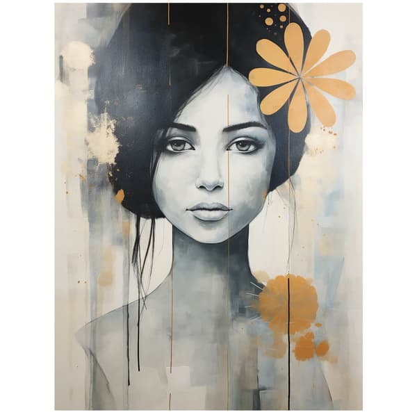 Kvinde med blomst i håret Kvinde med blomst i håret, 50x70 cm, lys egetræsramme, 230 gsm mat papir