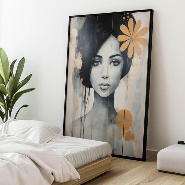 Kvinde med blomst i håret Kvinde med blomst i håret, 50x70 cm, lys egetræsramme, 230 gsm mat papir