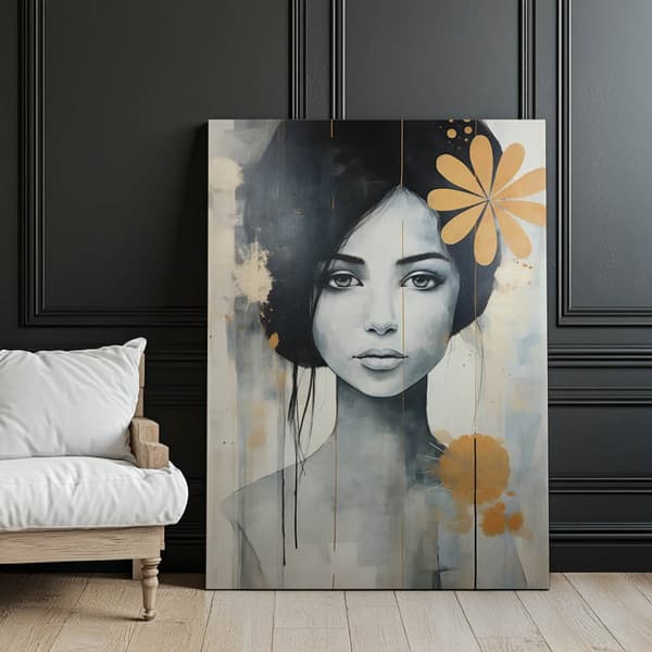 Nainen kukka hiuksissaan Nainen kukka hiuksissa, 60x90 cm, kultainen alumiinirunko, 230 gsm mattapaperi