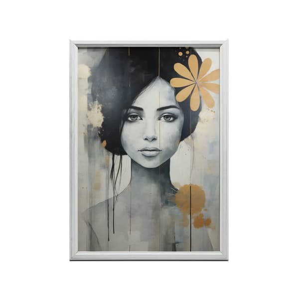 Nainen kukka hiuksissaan Nainen kukka hiuksissa, 60x90 cm, kultainen alumiinirunko, 230 gsm mattapaperi