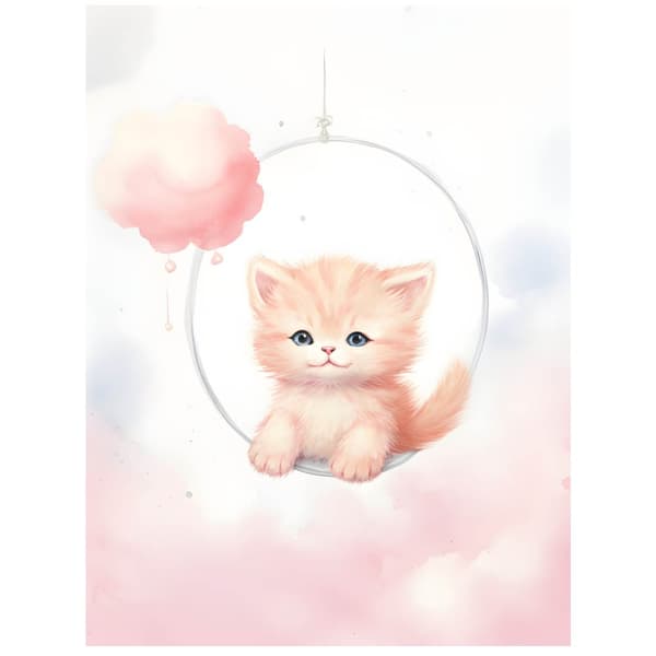 Happy Kitty på en gynge Happy Kitty på en gynge, 50x70 cm, guld aluminiumsramme, 230 gsm mat papir