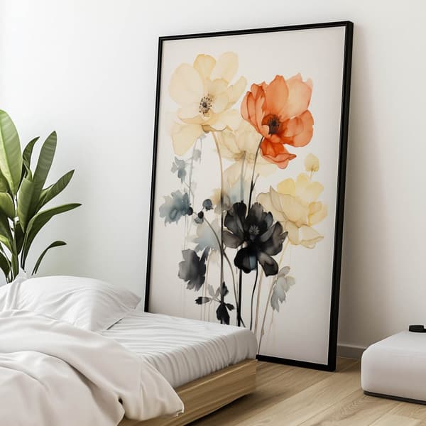 Blomstersymfoni i akvarel Blomstersymfoni i akvarel, 50x70 cm, mørkebrun træramme, 230 gsm mat papir