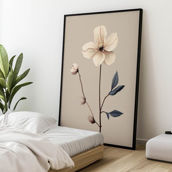 White Anemone - Minimalist Beauty White Anemone - Minimalist Beauty, 70x100 cm, mørkebrun træramme, 230 gsm mat papir