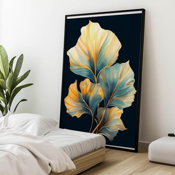 Akvarelblade - Mørk akvamarin og rav Akvarelblade - Mørk akvamarin og rav, 30x40 cm, uindrammet, premium lærred på båreramme
