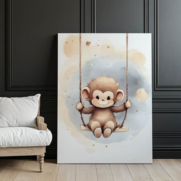 Apa på gunga Apa på gunga, 60x90 cm, ram i guld aluminium, 230 gsm matt papper