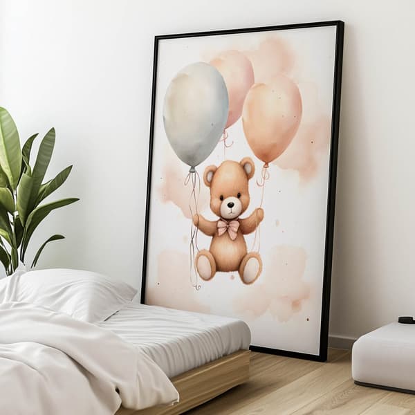Nalle ilmapallomatkalla Nalle ilmapallomatkalla, 50x70 cm, tummanruskea puurunko, 230 gsm mattapaperi