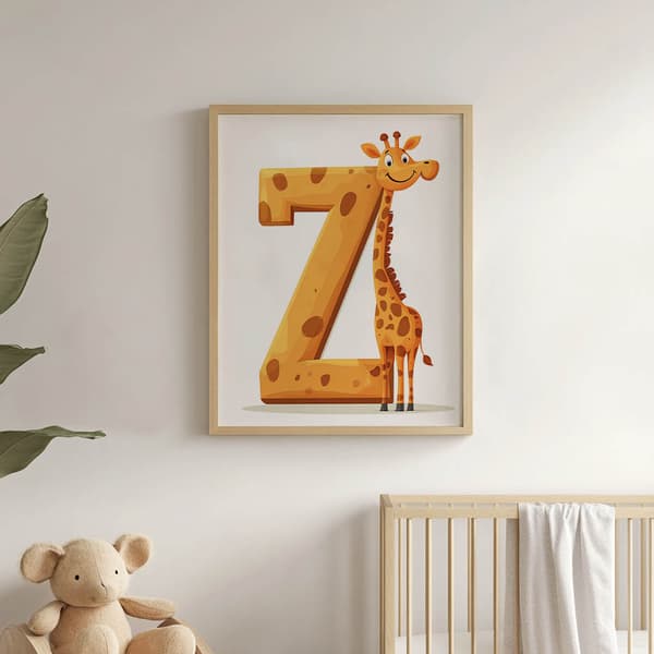 Kirahvi kirjaimella Z - Lasten juliste Kirahvi kirjaimella Z - Lasten juliste, 70x100 cm, tummanruskea puukehys, 230 gsm mattapaperi