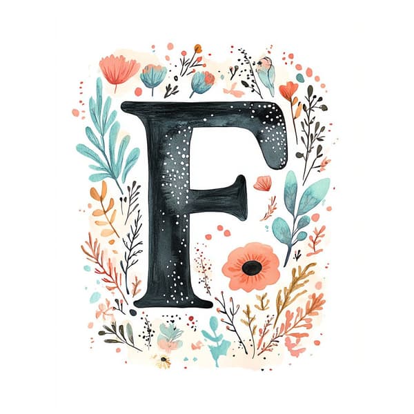 Plakat "F" med farverige blomster Plakat "F" med farverige blomster, 40x50 cm, guld aluminiumsramme, 230 gsm mat papir
