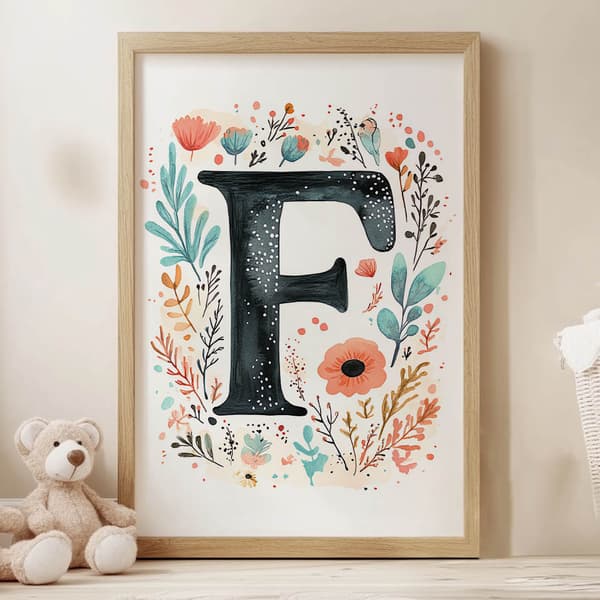 Plakat "F" med farverige blomster Plakat "F" med farverige blomster, 40x50 cm, guld aluminiumsramme, 230 gsm mat papir
