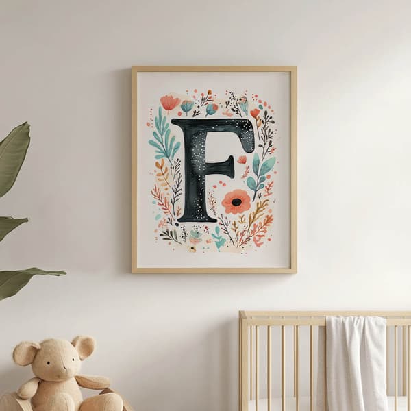 Plakat "F" med farverige blomster Plakat "F" med farverige blomster, 40x50 cm, guld aluminiumsramme, 230 gsm mat papir