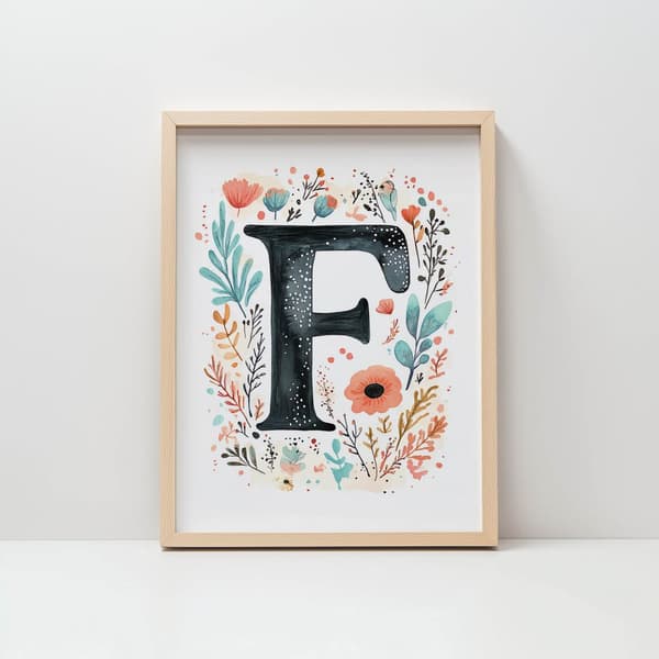 Plakat "F" med farverige blomster Plakat "F" med farverige blomster, 40x50 cm, guld aluminiumsramme, 230 gsm mat papir