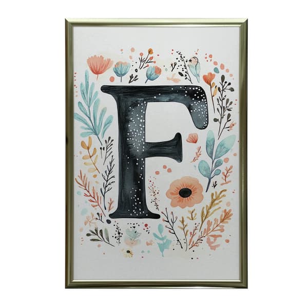 Plakat "F" med farverige blomster Plakat "F" med farverige blomster, 40x50 cm, guld aluminiumsramme, 230 gsm mat papir