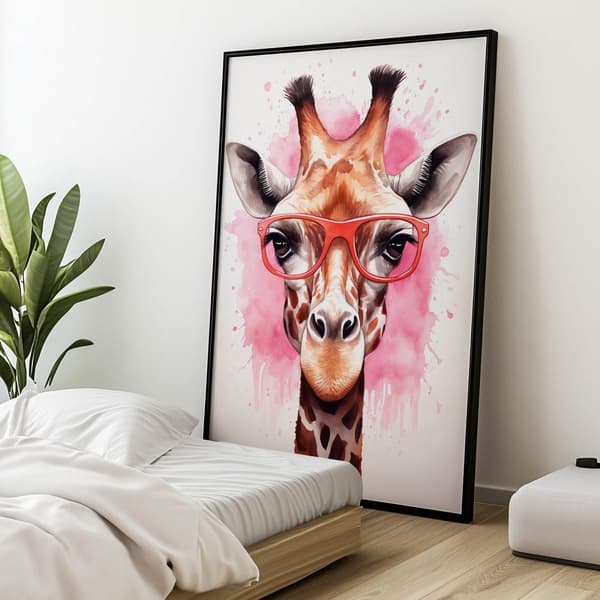 Pink giraf med briller Pink giraf med briller, 70x100 cm, guld aluminiumsstel, 230 gsm mat papir