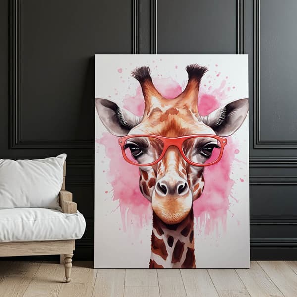 Pink giraf med briller Pink giraf med briller, 70x100 cm, guld aluminiumsstel, 230 gsm mat papir