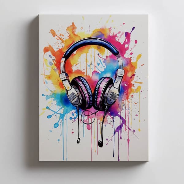 Music of Colors: Hovedtelefoner i akvarelteknik Music of Colors: Hovedtelefoner i akvarelteknik, 50x70 cm, uindrammet, premium lærred på båreramme