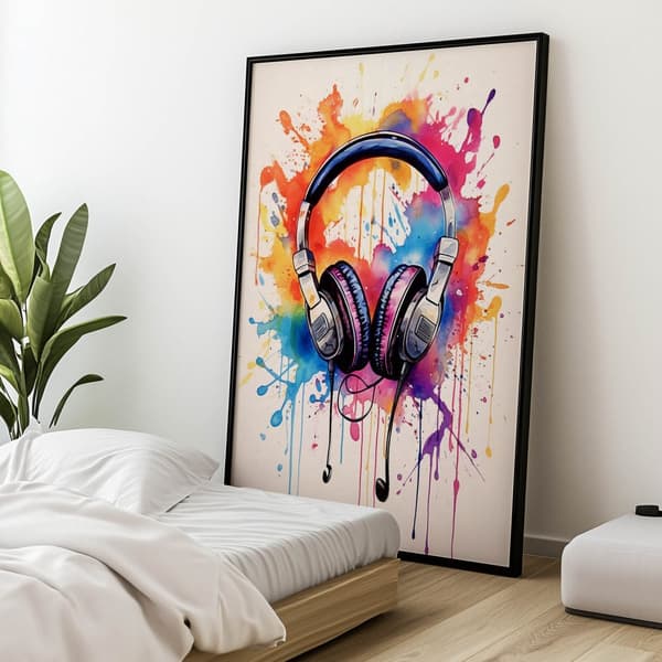Music of Colors: Hovedtelefoner i akvarelteknik Music of Colors: Hovedtelefoner i akvarelteknik, 50x70 cm, uindrammet, premium lærred på båreramme