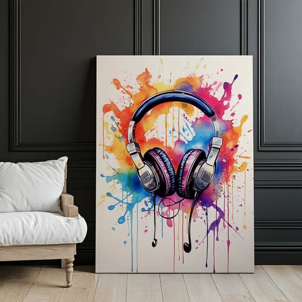 Music of Colors: Hovedtelefoner i akvarelteknik Music of Colors: Hovedtelefoner i akvarelteknik, 50x70 cm, uindrammet, premium lærred på båreramme