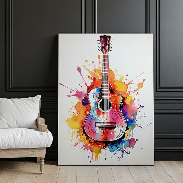 Guitar i regnbuefarver Guitar i regnbuefarver, 30x40 cm, hvid træramme, 230 gsm mat papir