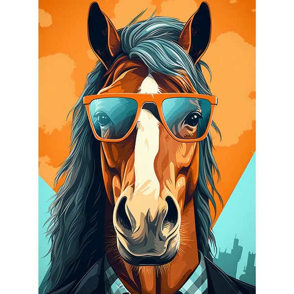 Stilfuld hest med briller Stilfuld hest med briller, 30x40 cm, guld aluminiumsstel, 230 gsm mat papir