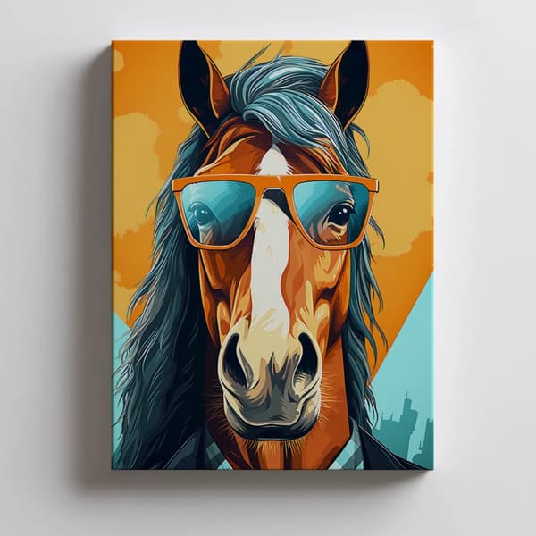 Stilfuld hest med briller Stilfuld hest med briller, 30x40 cm, guld aluminiumsstel, 230 gsm mat papir