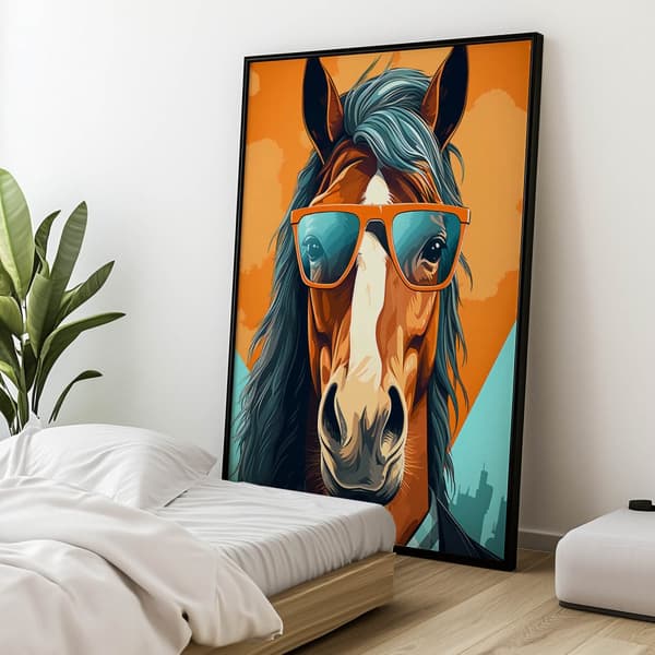 Stilfuld hest med briller Stilfuld hest med briller, 30x40 cm, guld aluminiumsstel, 230 gsm mat papir