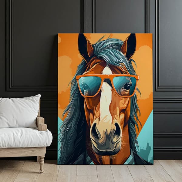 Stilfuld hest med briller Stilfuld hest med briller, 30x40 cm, guld aluminiumsstel, 230 gsm mat papir